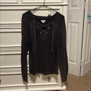 Umgee Charcoal Lace-Up Knit Top